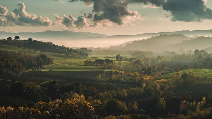 Italy, Tuscany, mountain, fall, nature, trees, mist, hill, sunrise, clouds, landscape