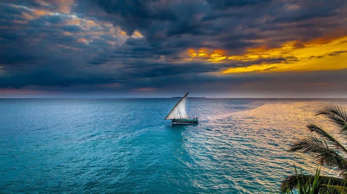 Africa, tropical, sea, sky, clouds, sailing ship, water, nature, sunset, landscape