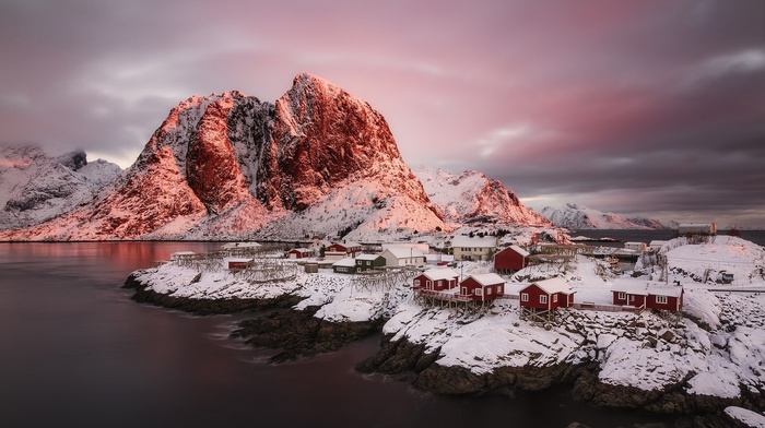 village, clouds, cold, snow, Norway, nature, sunrise, mountain, winter, fjord, landscape