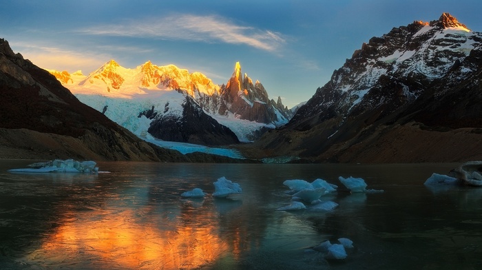 mountain, lake, ice, landscape, nature, Argentina, sunrise, snow, frost, glaciers