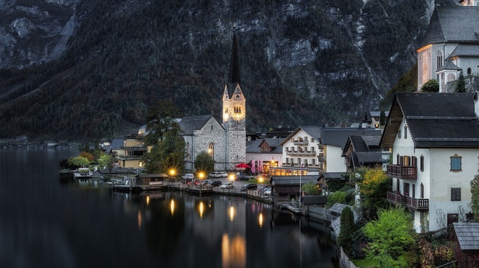 lights, sunset, reflection, landscape, urban, mountain, forest, Hallstatt, Austria, lake, nature