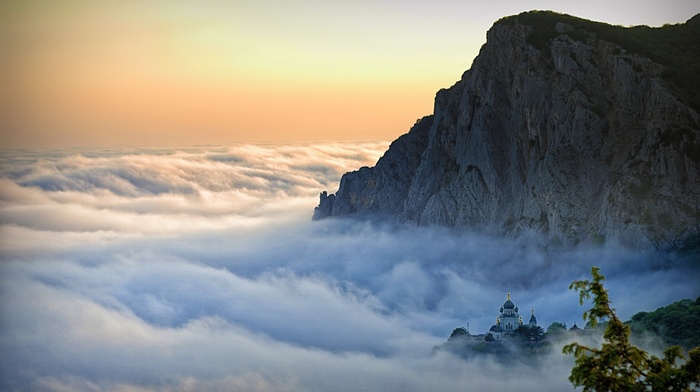 landscape, cliff, trees, mist, spring, church, hill, Crimea, sunset, nature
