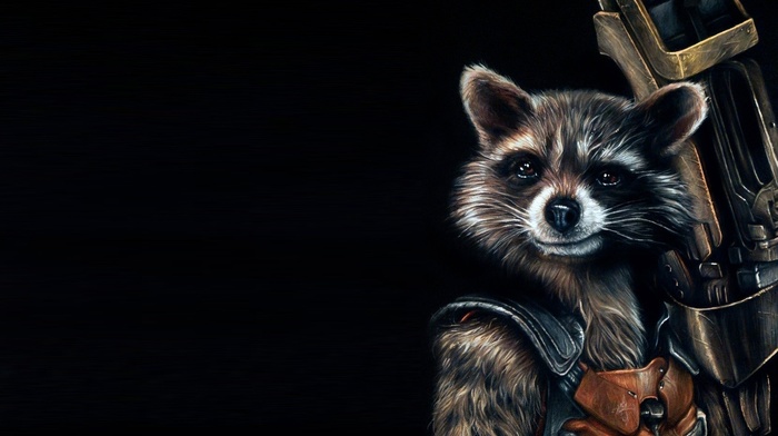 fictional, artwork, Rocket Raccoon, guardians of the galaxy, black background, comics, movies