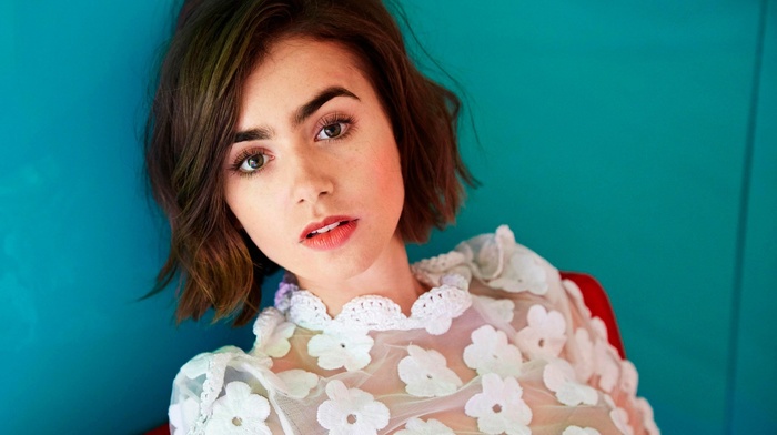 looking at viewer, white dress, dress, girl, Lily Collins, simple background, short hair, open mouth
