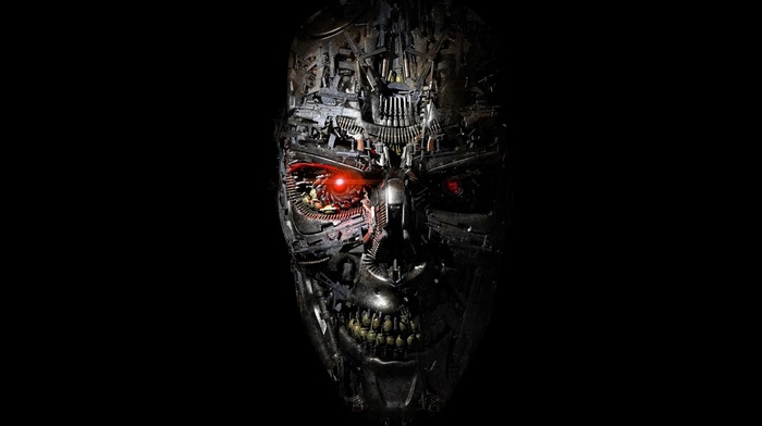 teeth, face, robot, Terminator, artwork, CGI, steel, red eyes, T, 1000, metal, gears, science fiction, machine, digital art, Terminator Genisys, skull, cyborg, black background