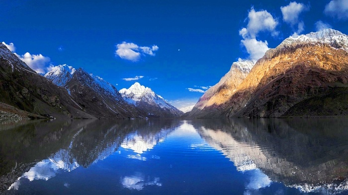 lake, reflection, water, landscape, clouds, snowy peak, mountain, nature, blue, white, Pakistan