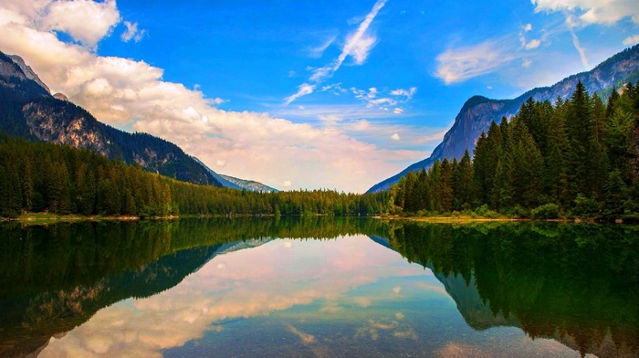 forest, trees, mountain, landscape, summer, nature, calm, Italy, water, clouds, reflection, lake