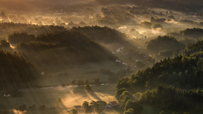 mountain, sunrise, mist, village, forest, sun rays, sunbeams, trees, nature, landscape