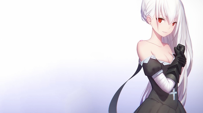 black dress, red eyes, white hair