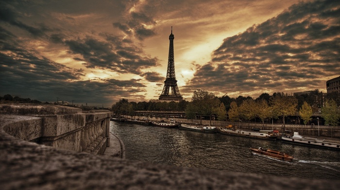 overcast, sunset, Eiffel Tower, Paris, boat, France, city, clouds, river