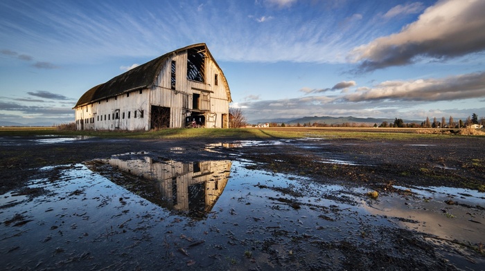 water, nature, barns, reflection, clouds, landscape