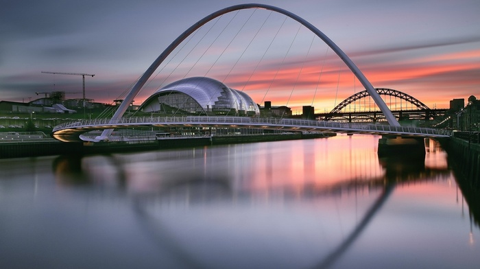 river, urban, sunset, clouds, cityscape, evening, Newcastle, England, reflection, UK, modern, building, city, cranes machine, bridge, long exposure, architecture
