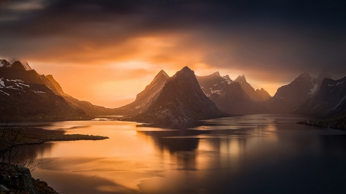 mountain, Norway, fjord, landscape, sunset, nature, water, Lofoten, mist, sky, island, sea, sunlight
