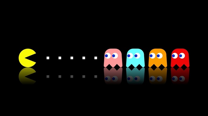 Pacman, video games, classics, simple, black background, colorful