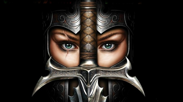 scars, sword, face, soldier, armor, fantasy art, girl, eyes, black background