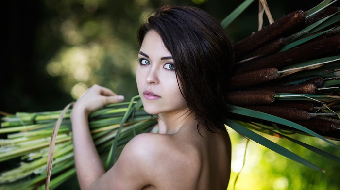 model, bamboo, girl, depth of field, bare shoulders, girl outdoors, face, bokeh, brunette, long hair, looking at viewer, portrait, nature