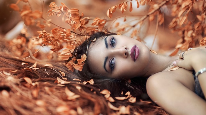 long hair, lying on back, girl outdoors, depth of field, makeup, girl, portrait, brunette, looking at viewer, fall, model, leaves, nature, bare shoulders, face