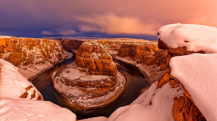 clouds, canyon, nature, snow, winter, USA, landscape, hill, Arizona, river, mountain, rock