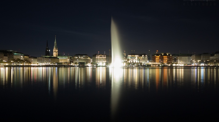 old building, lights, long exposure, cityscape, night, Hamburg, Germany, water, church, river, architecture, landscape, fountain, reflection, city, nature