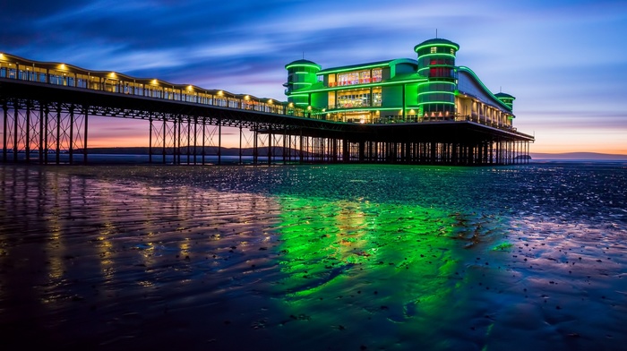 pier, sunset, UK, hill, landscape, long exposure, coast, lights, architecture, sand, sea, clouds, building, reflection, nature, water, evening, beach, England