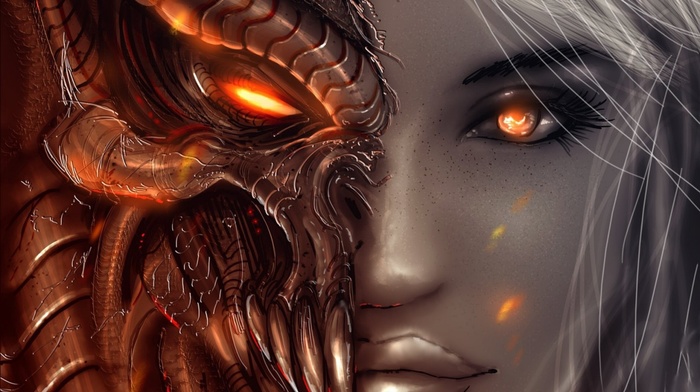 demon, video games, fantasy art, angel, eyes, closeup, Diablo III, face, girl