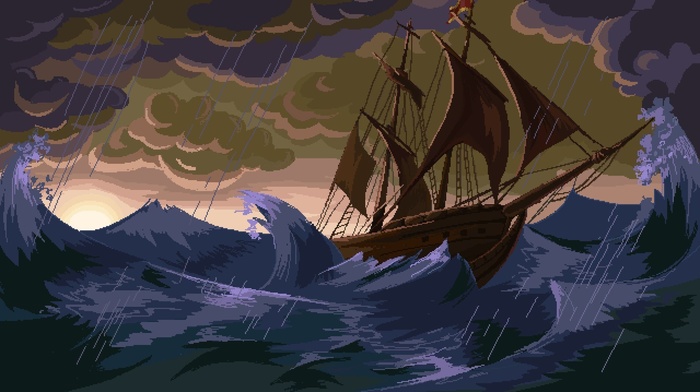 pixel art, pixels, ship, storm, sea, rain, waves, clouds