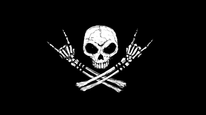 bones, black background, fingers, skull and bones, skull, rock and roll