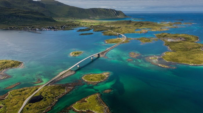 bridge, landscape, sea, nature, summer, water, island, village, green, mountain, Norway