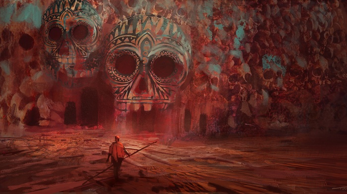 cave, skull, artwork, surreal, fantasy art, red