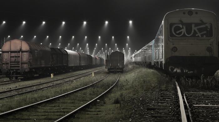 lights, technology, train, landscape, Denmark, urban, railway, mist, rail yard