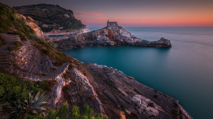 water, calm, shrubs, Italy, turquoise, beach, rock, coast, nature, sea, sunset, landscape