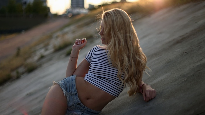 looking away, blonde, girl, sunset, jean shorts