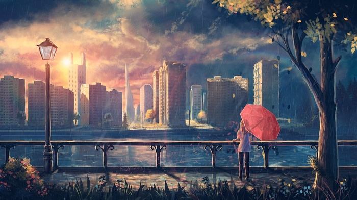 dusk, artwork, city, umbrella