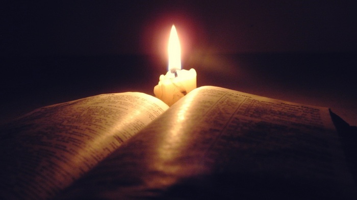 candles, books, Holy Bible, lights, Christianity