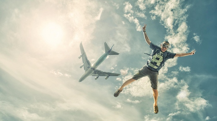 sports, skydiver, landscape, sky, Sun, jumping, clouds, airplane