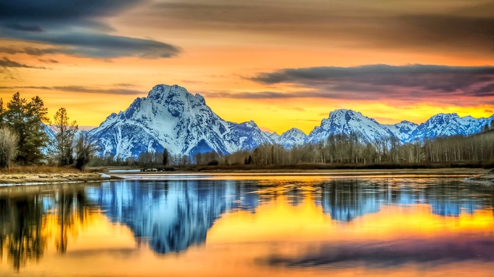 colorful, nature, reflection, Grand Teton National Park, sunset, landscape, wyoming, snowy peak, sky, water, trees, river, mountain, clouds