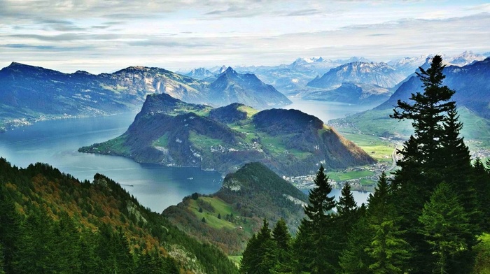 mountain, city, forest, lake, nature, trees, panoramas, summer, landscape, Alps