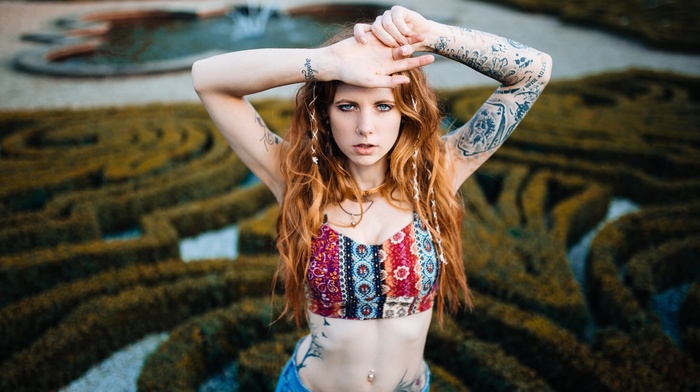 tattoo, redhead, girl, jean shorts, Julia Wendt, portrait, armpits
