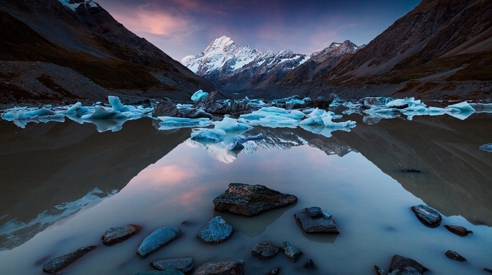 snowy peak, water, blue, lake, mountain, sunrise, reflection, ice, calm, nature, New Zealand, landscape