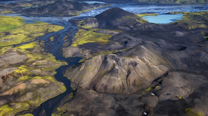 Iceland, landscape, mountain, nature, aerial view, summer, river