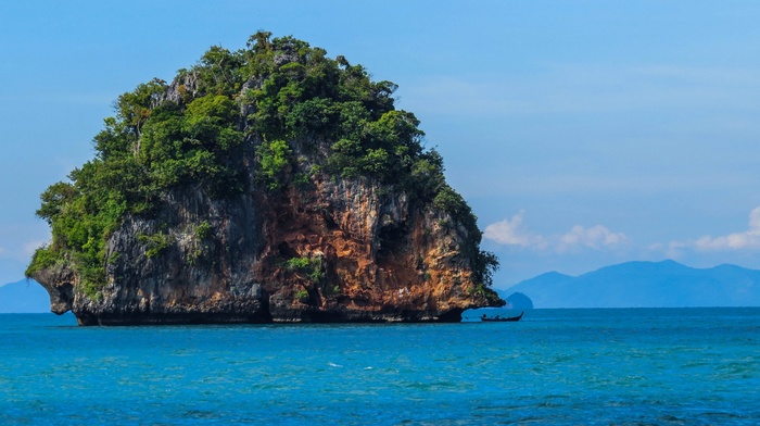 sea, Thailand, limestone, landscape, nature, huge, trees, boat, rock, tropical