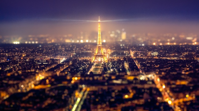 night, Eiffel Tower, tilt shift, Paris