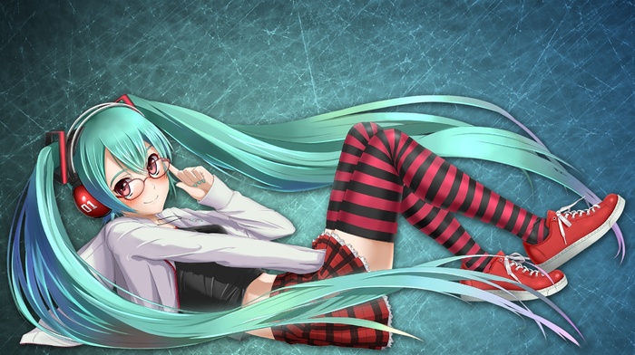 girl with glasses, Hatsune Miku, blue hair, plaid, twintails, anime, glasses, meganekko, anime girls, striped, Vocaloid, skirt, painted nails, dyed hair, lying down, stockings, long hair, headphones, knee, highs