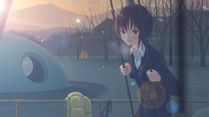swings, Amagami, anime girls, school uniform, Nanasaki Ai