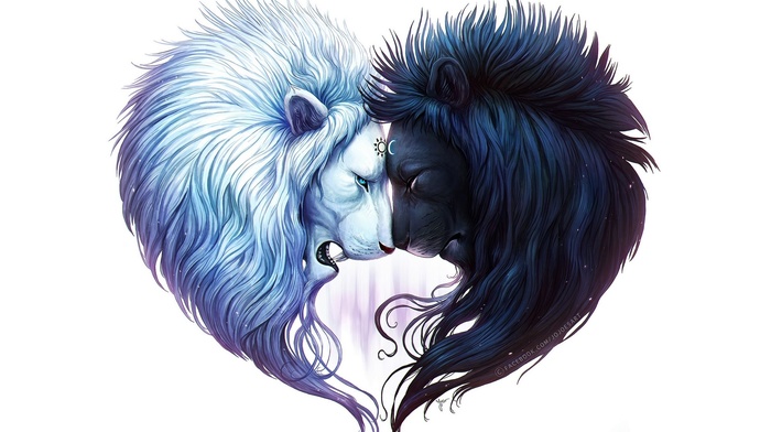 digital art, simple background, white background, white hair, lion, black hair