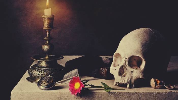 books, skull, flowers, table, candles