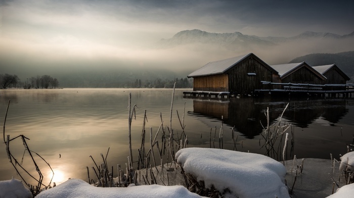 winter, reflection, calm, nature, mountain, snow, landscape, lake, mist, sunrise, cabin, trees