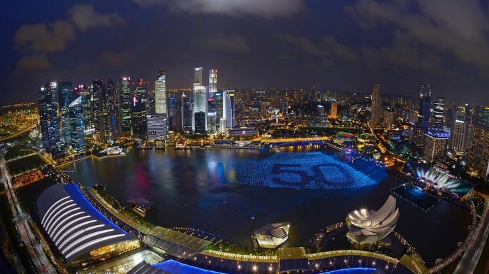 skyscraper, architecture, night, landscape, bay, lights, clouds, Singapore, cityscape, urban, modern