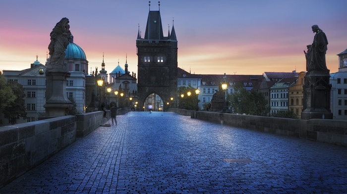 urban, statue, city, tower, building, sunrise, lantern, cobblestone, blue, Prague, people, landscape, architecture