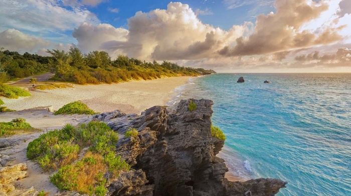 shrubs, clouds, water, Bermuda, sand, island, landscape, rock, beach, sea, road, nature